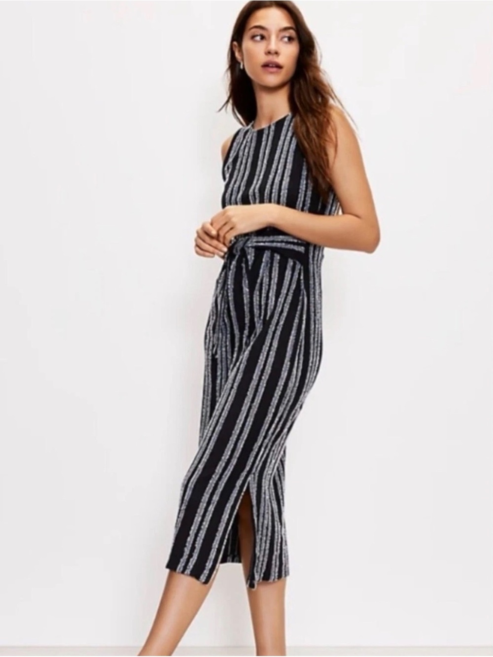 Loft Women’s Eyelash Striped Midi Dress Black White Sleeveless Tie Waist Slit